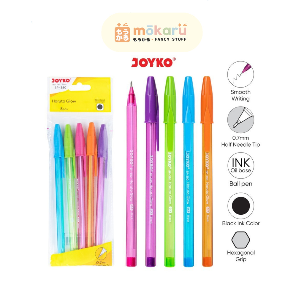 

JOYKO Ballpen BP-380 Haruto Glow (Black) 1 Set Isi 5 Pulpen 0.7mm Pena Transparant