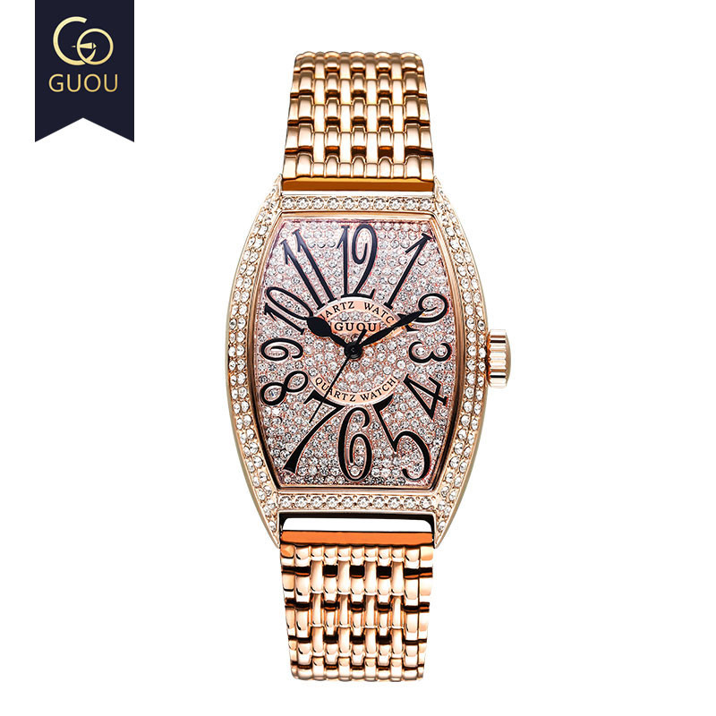 Fashion Guou Top Brand Luxury Man Watch Rose Gold Quartz Dress Full Rhinestone Barrel Casual Genuine