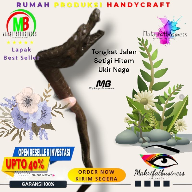 MAKRIFATBUSINESS Tongkat Jalan Kayu Setigi Stigi Hitam Ukir NAGA