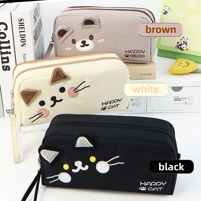 

Black and white cat cute pencil bag Portable stationery bag with pen insert mesh bag Large capacity school supplies storage bag