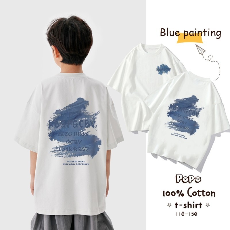 Kaos Putih Dengan Cetakan Cat Biru Sebelum Dan Sesudah Baju Anak Laki-Laki Perempuan Kaos Oversize U