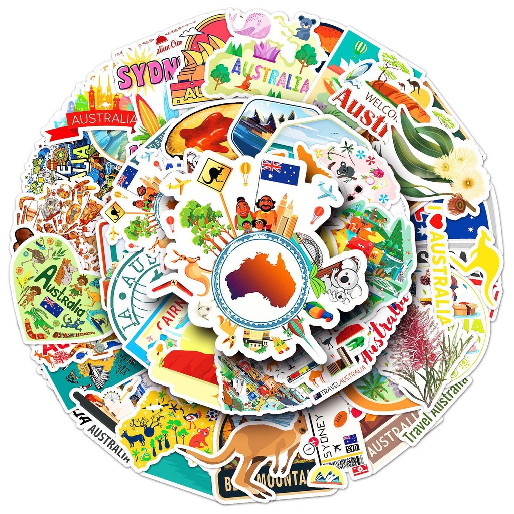 

50Pcs/Pack INS Novelty Cartoon Cute Australia Series Stickers PVC Waterproof Stickers Decals For Kids Boys Girls Toys Gifts