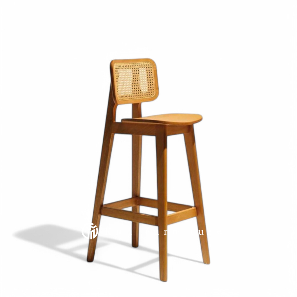 Kursi Bar Stool Tinggi Minimalis Kayu Jati Sandaran Rotan