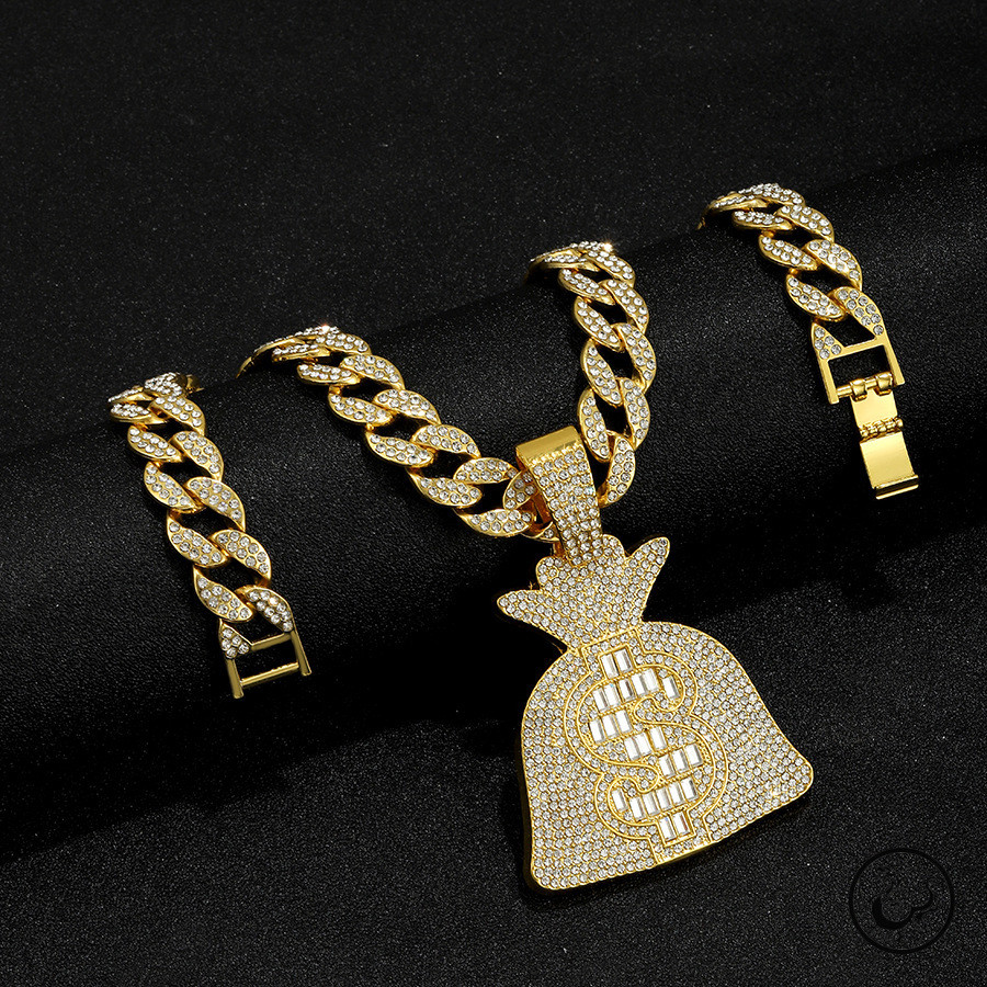 kalung Hip Hop Keren Simbol Dolar Berlian Penuh Besar Uang Tas Liontin Liontin Berlian Kalung Punk P