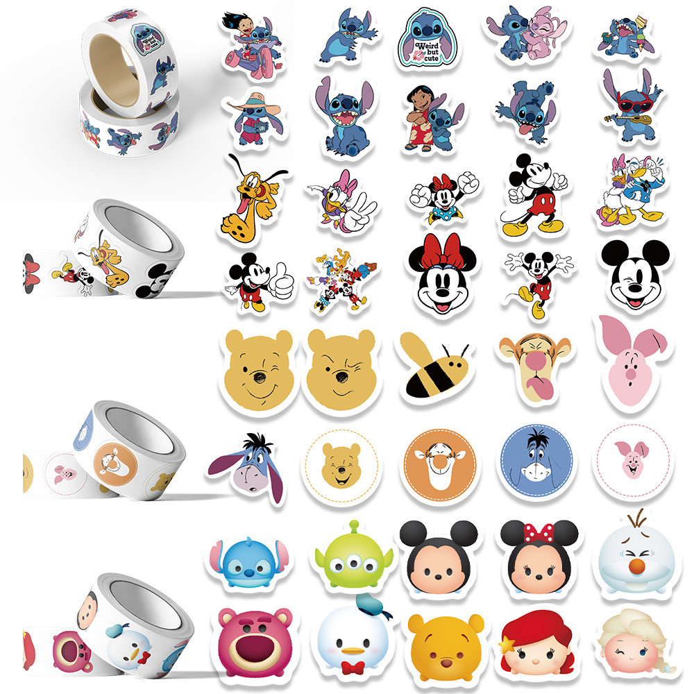 

500pcs/Roll Disney Mix Cartoon Cute Stitch Mickey Princess Stickers Car Laptop Luggage Skateboard Waterproof Girl Seal Sticker