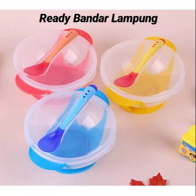 TB Set Mangkok Makan Bayi Anti Slip (Mangkok dengan tutup + Sendok sensor panas)