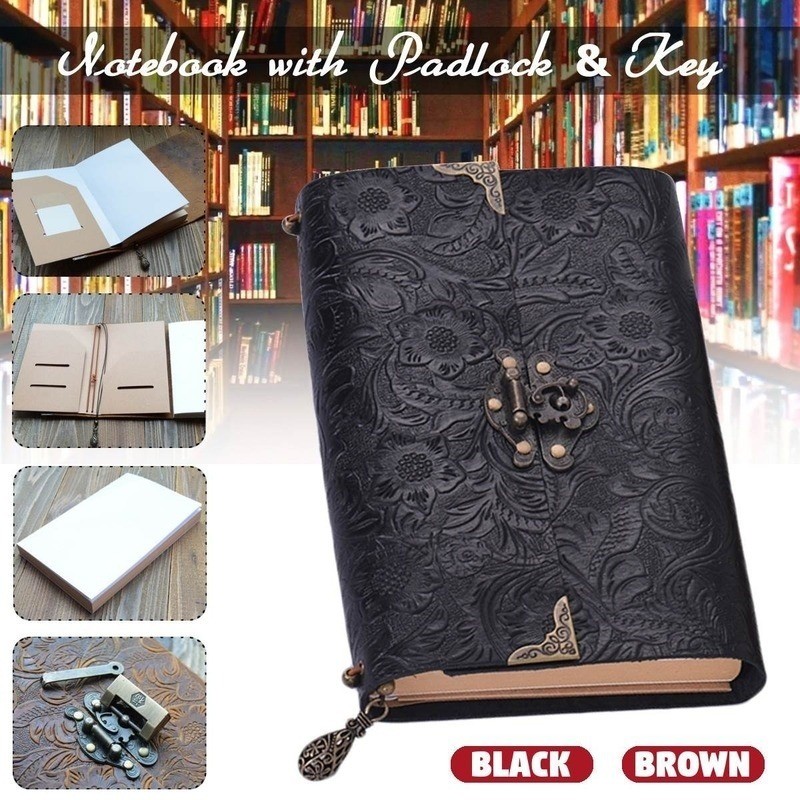 

Embossed Pattern Soft Leather Travel Notebook with Lock and Key Diary Notepad Paper for Business Sketching & Writing