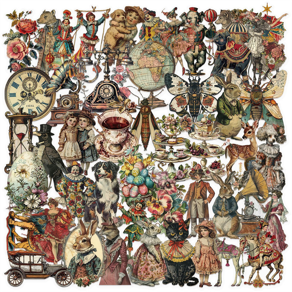 

50pcs Vintage PET Retro Transparent Victorian Era Stickers For Phone Case Suitcase Guitar DIY Craft Supplies Cute Sticker