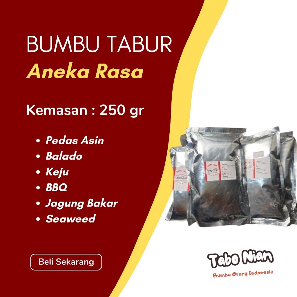 

Bubuk Tabur Serbuk Aneka Rasa Pedas Balado BBQ Jagung Bakar Keju Kemasan 250g