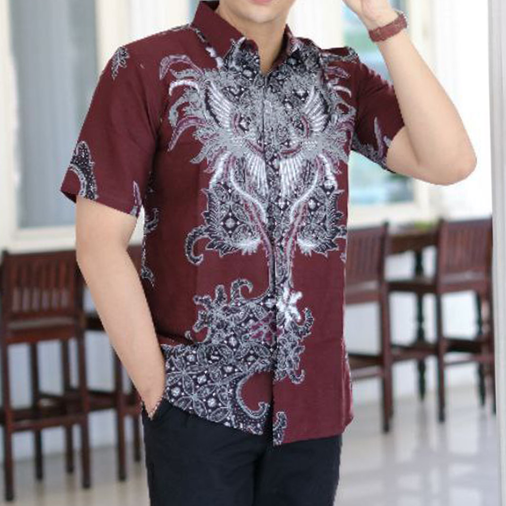 Kemeja Hem Baju Batik Pria Modern Lengan Pendek motif Layangan Maron Katun