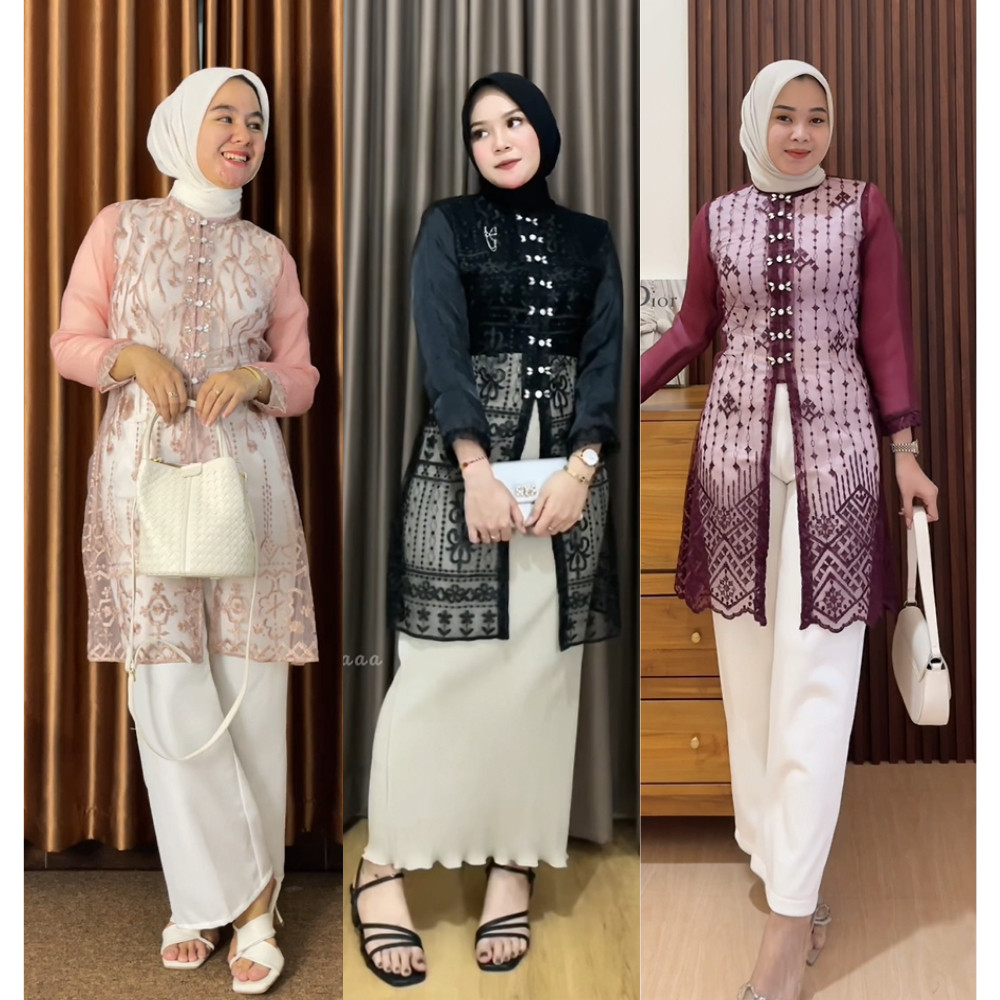 Hadju Tunik Brukat Bordir Sapto / Tunik Brokat Tali Kancing Mutiara Payet Diamond / Baju Kondangan, 