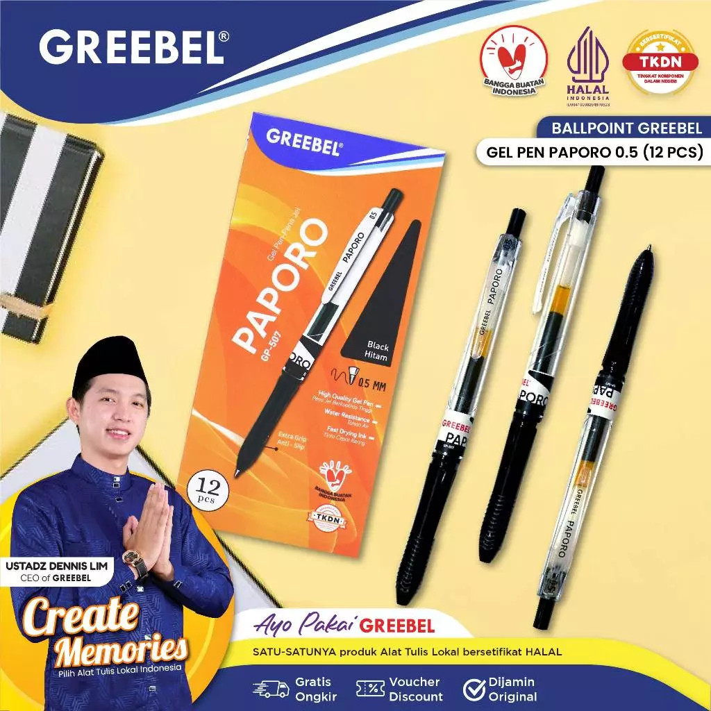

GREEBEL Pulpen Gel PAPORO Gp-507 0.5mm HITAM (12PC)