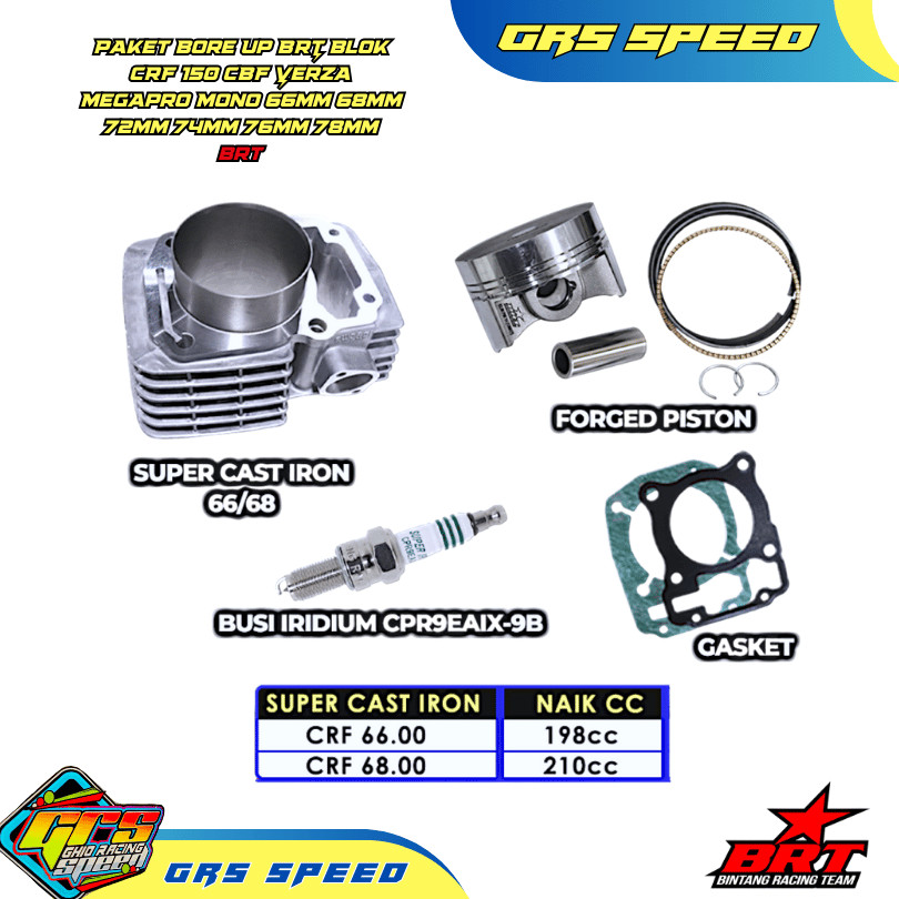 GRS Paket Bore Up BRT Blok CRF 150 CBF Verza Megapro Mono 66mm 68mm 72mm 74mm 76mm 78mm