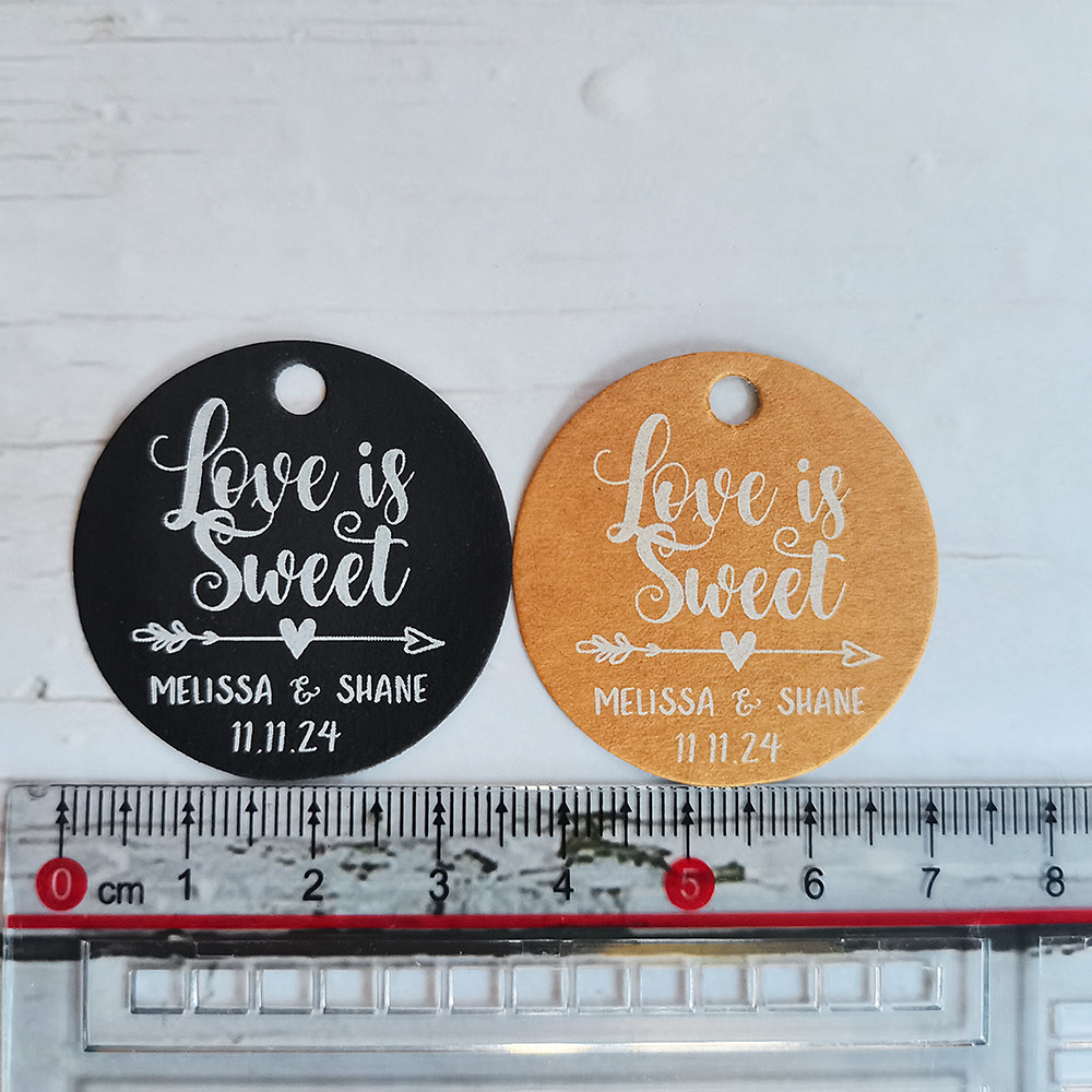 

BY19-35mm Diameter White Text Print Tags Black Label Kraft Paper Labels Love Is Sweet Custom Wedding Favor and Gift Tags