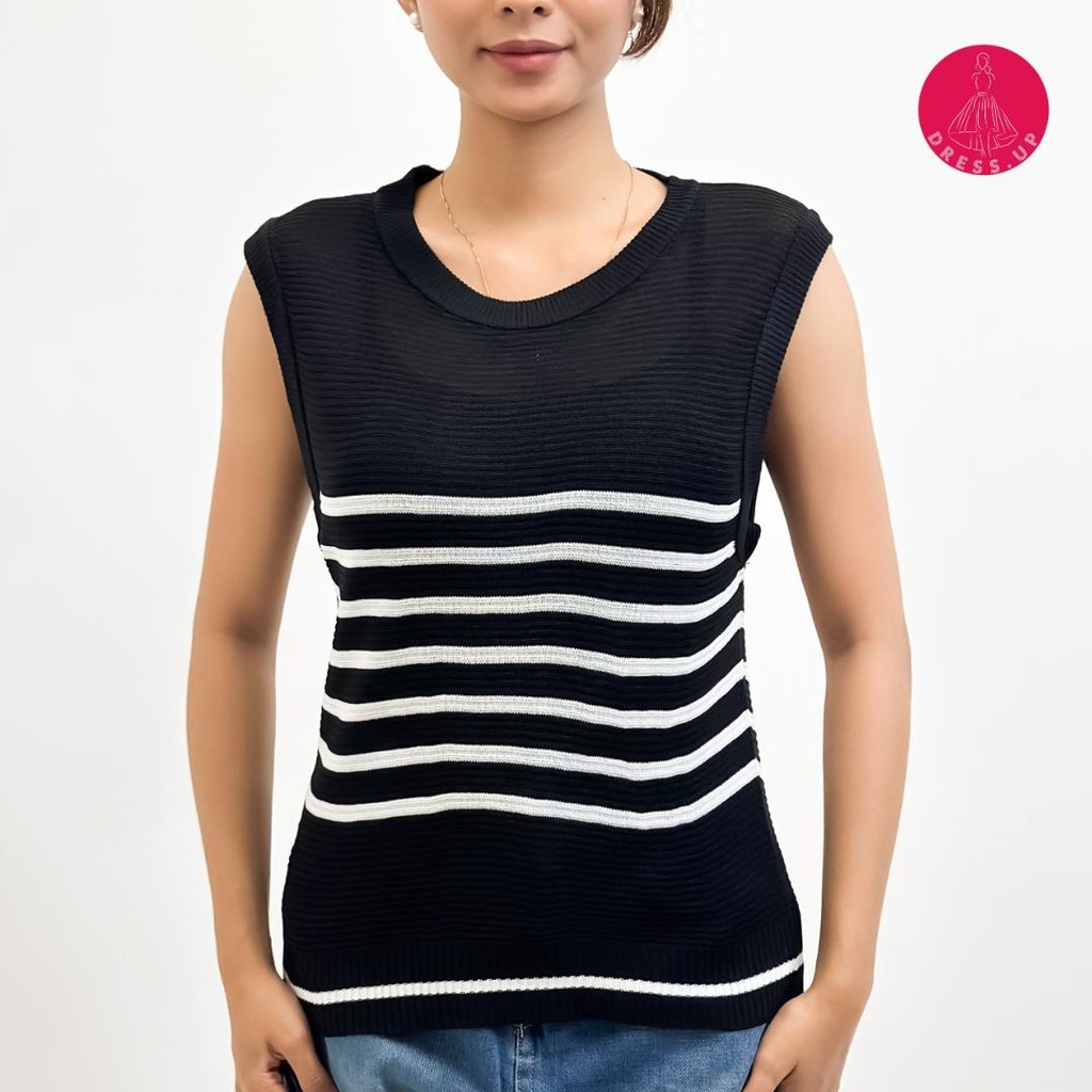[DRESS.UP] TT002 Sweater Rompi Garis Tanpa Lengan Wanita Panjang | Atasan  Casual Rajut Crop