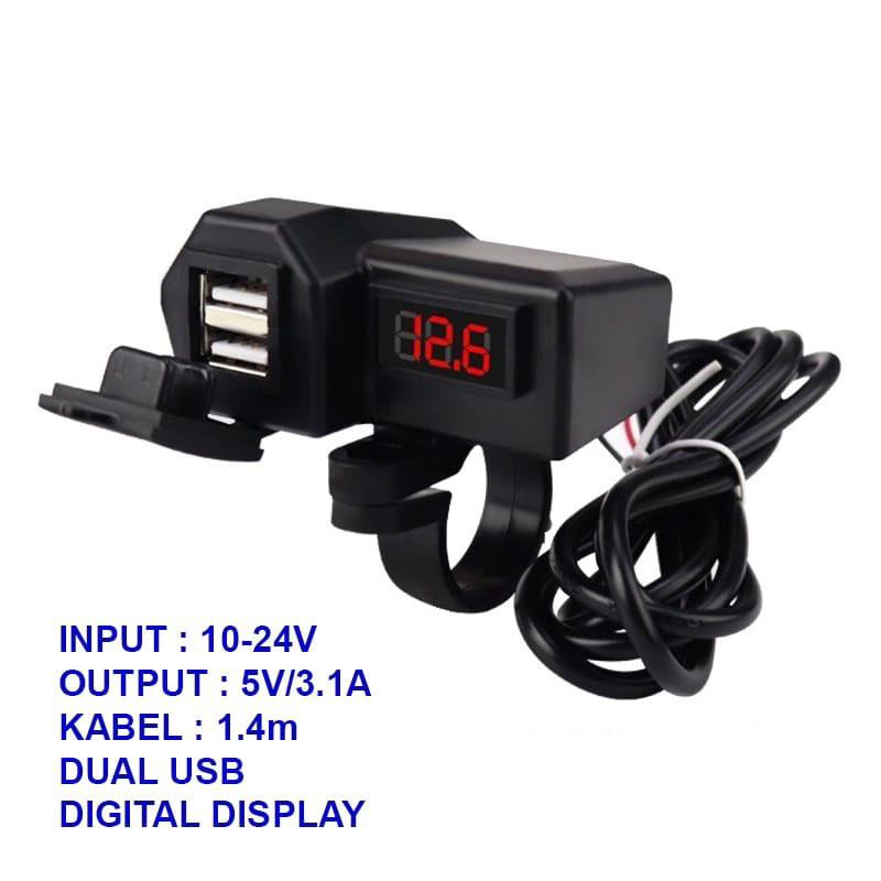 ( COD ) VOLTMETER AKI PLUS CASAN HP USB CHARGER HP KLEM DI STANG MOTOR VOLTMETER AKI MOTOR PLUS CASA
