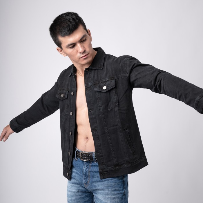 VENGOZ Jacket Jeans Pria Slim Fit Premium - Solid Black - Blue Washed, XL