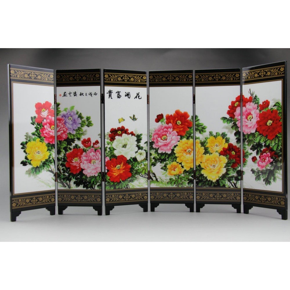 

Chinese woodcarving screen, lacquer peony flower calligraphy and painting, decorative crafts
