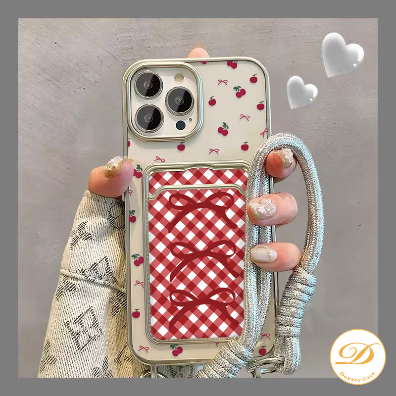 Casing Tempat Kartu Kredit Simpul Pita Ceri Merah Fashion Dengan Tali Penyandang Kompatibel Untuk iP