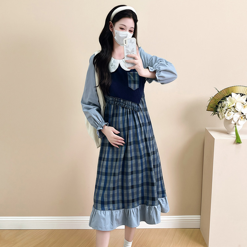 Autumn and Winter Pregnant Women's Dresses Ruffles Patchwork Pretty Lace Peter Pan Collar Maternity 