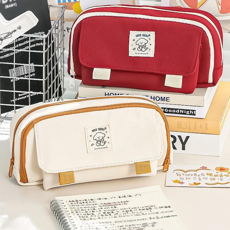 

Double zipper Canvas Pencil Case Large Capacity 21x8x11cm Multi-layer Stationery Storage Bag 2024 Pencil Bags Supplies School