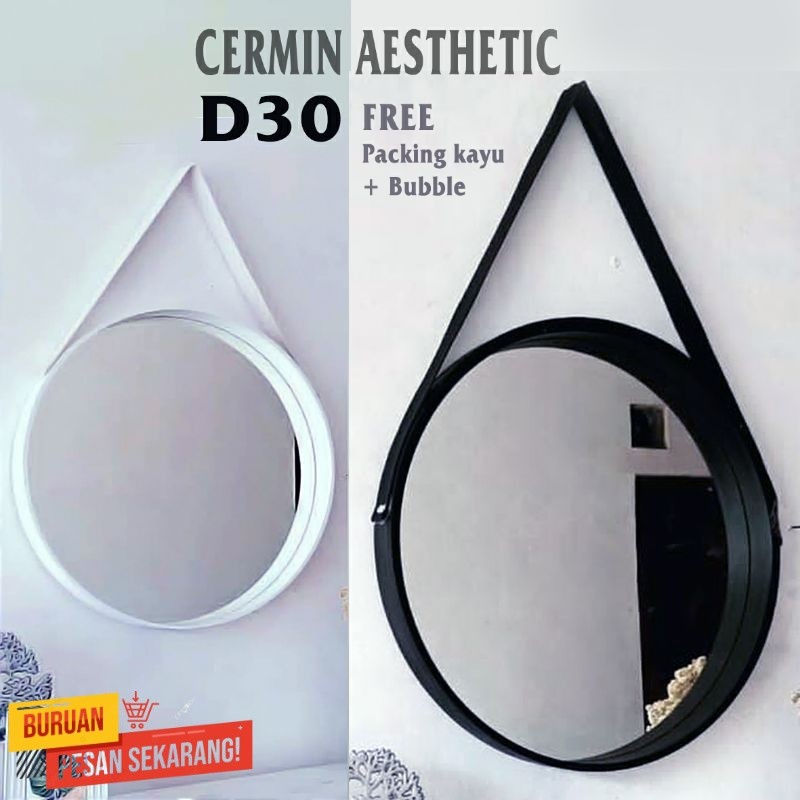 Cermin Bulat Aesthetic / Kaca Cermin Frameless Gantung Tali