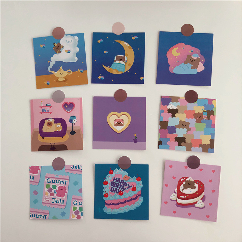 

Korean Ins Cartoon Cute Bear Decorative Card 9 Sheets Waterproof Double Sided Postcard Bookmarks Diy Romantic Life Wall Sticker