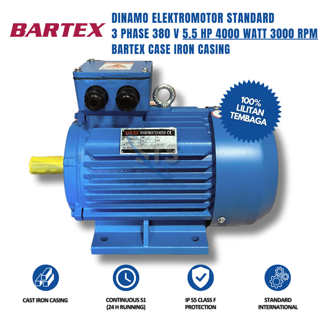 STS | BARTEX Dinamo 3 Phase 380v  5.5 HP 4000 Watt 100% Lilitan Tembaga 3000 RPM Body Cast Iron Elek