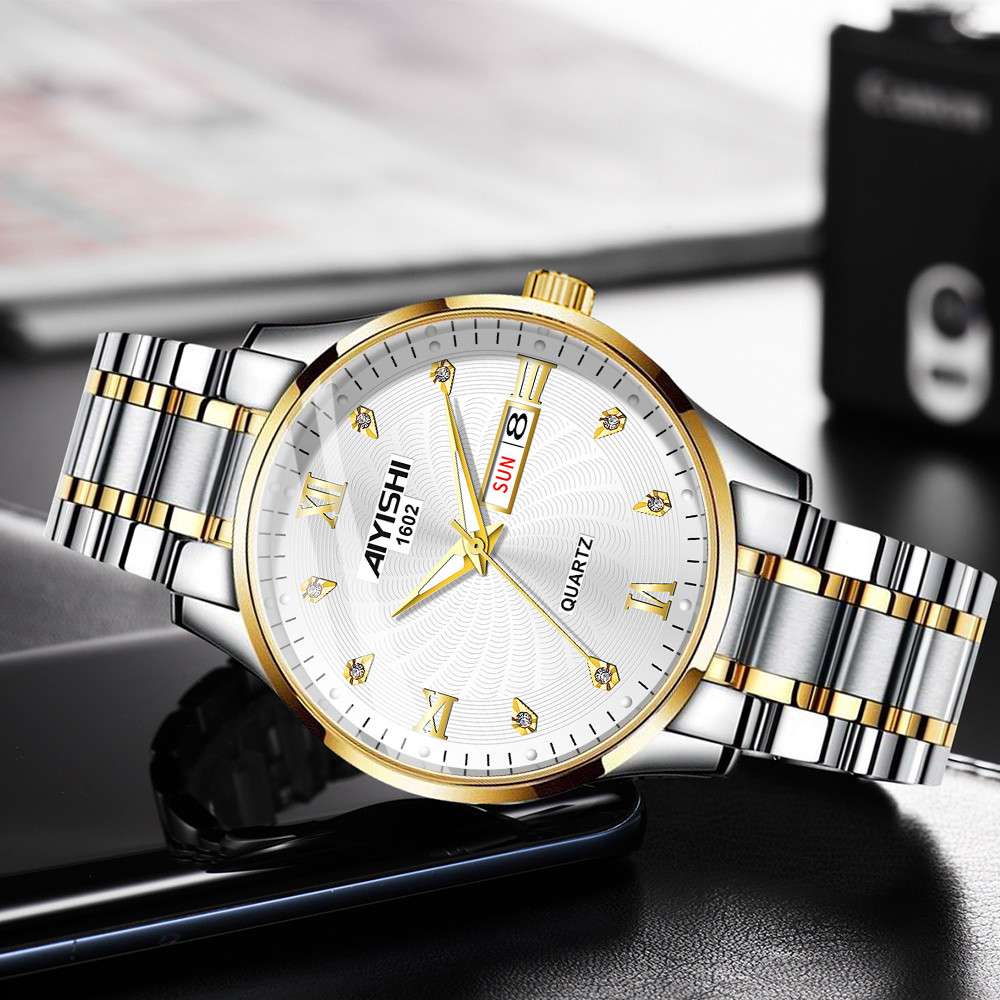 123 AIYISHI Original Jam Tangan Pria Quartz Tali Stainless Steel Kalender Mewah Fashion Pria Tahan A