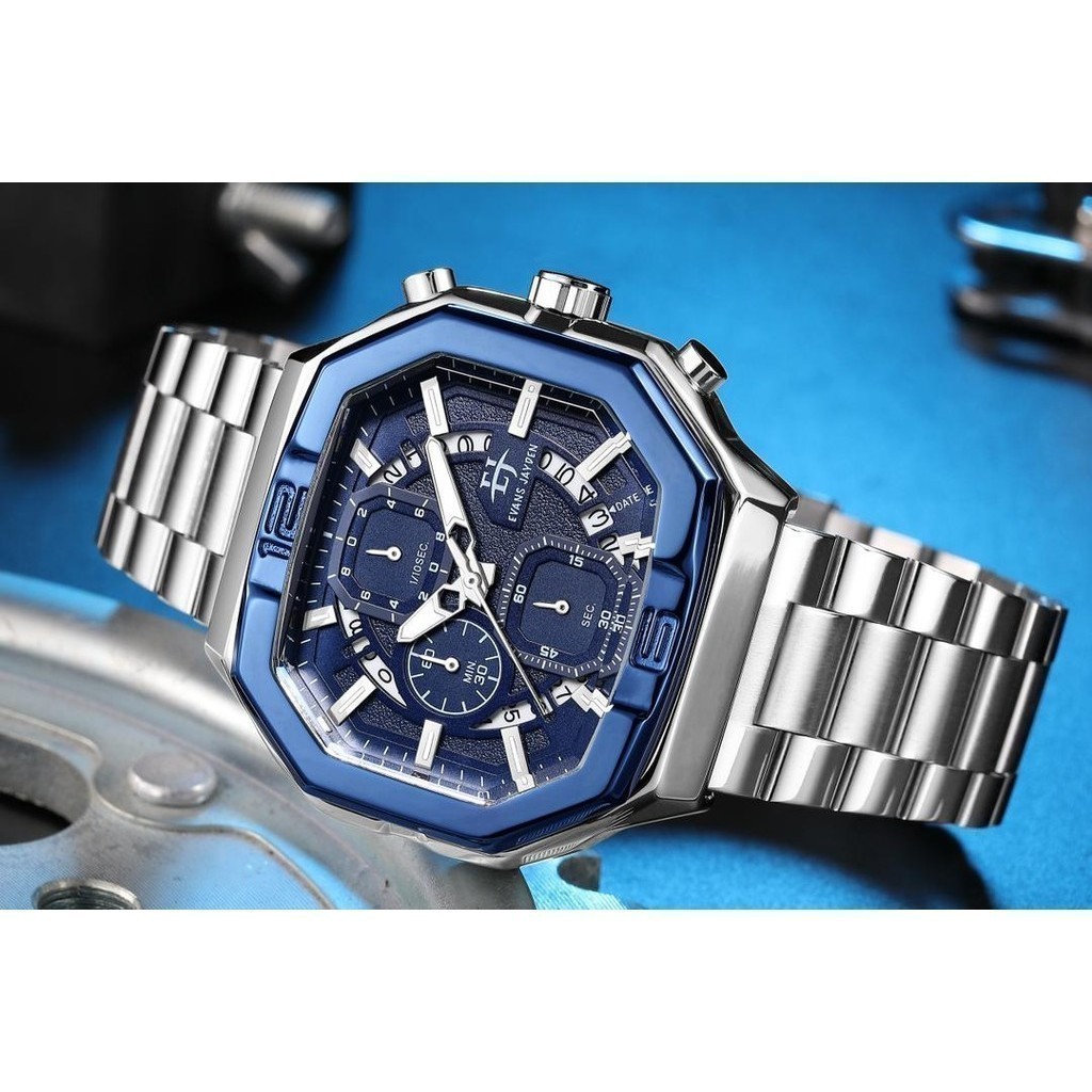 Evans Jayden Jam Tangan Pria 9464 Rantai Stainless Steel Chrono Kaca Sapphire 3ATM