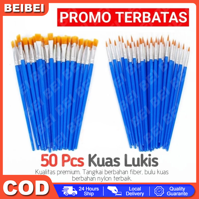 

COD 50 Pcs Kuas Flat / Round Kuas Lukis Paint By Number Kuas Lukis Sterofoam Kuas Cat Air Koas Acrylic Kuas Nylon Import