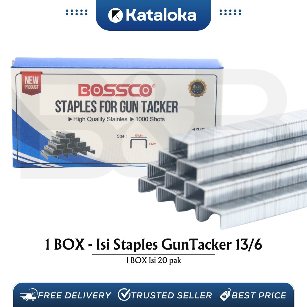 

GROSIR!!! 1 Box (ISI 5,000/20,000 pcs) - Isi Staples Manual / Staples Tembak Guntacker Merek BOSSCO Original Uk. 13/6mm (6mm) /13/8mm (8mm)