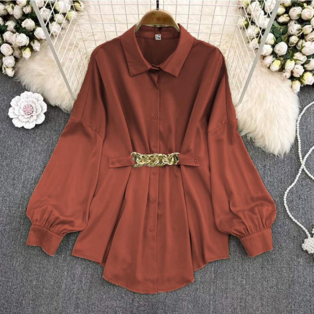 atasan wanita top cewek Safaraz Kemeja Wanita Polos Motif Rantai Lengan Balon Korean Style MELDA Ove