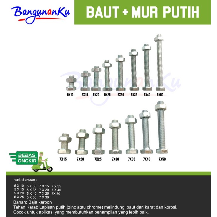 BAUT MUR PUTIH/BAUT/MUR/SEKRUP/BAUT MUR SET/BAUT +MUR