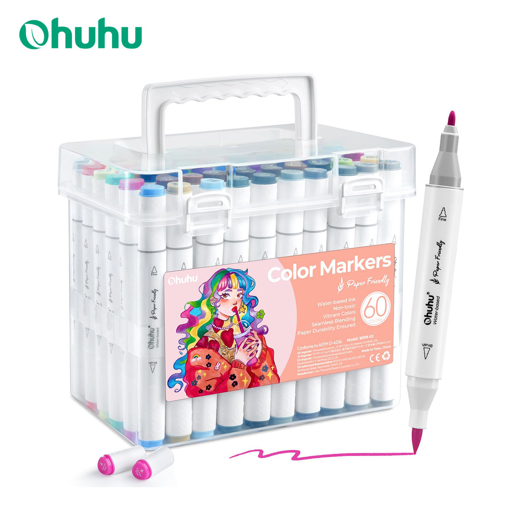 

Ohuhu Markers Paper-friendly Water-based Coloring Markers 60 Colors Dual Brush Fineliner Tips Markers Coloring Books Art Markers
