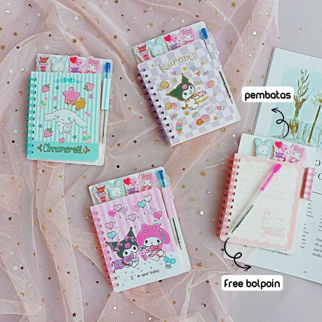 

Cod Notebook mini Ring A7 / Note Book Spiral + bolpoin Pembatas buku / Buku Tulis A7 Motif Sanrio 60 Lembar 2787L2
