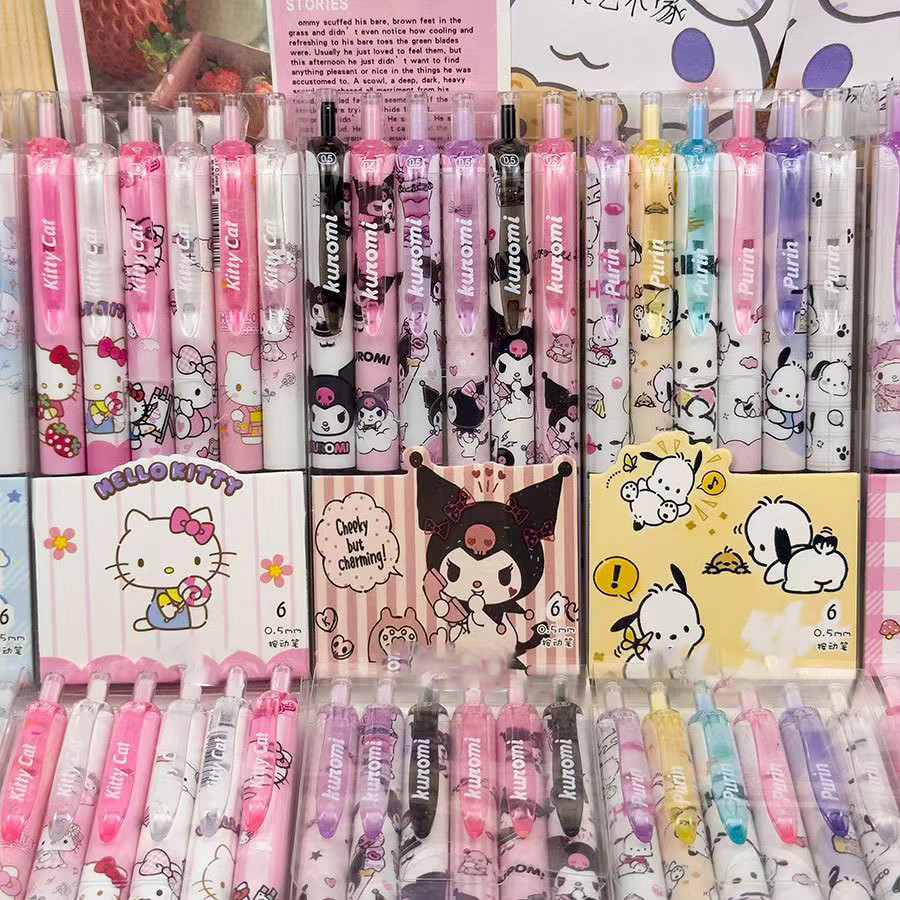 

6pcs Cartoon Kuromi Writing Pen Kawaii Hello Kitty Cinnamoroll Melody 0.5mm Quick Drying ST Gel Pen Student School Stationery