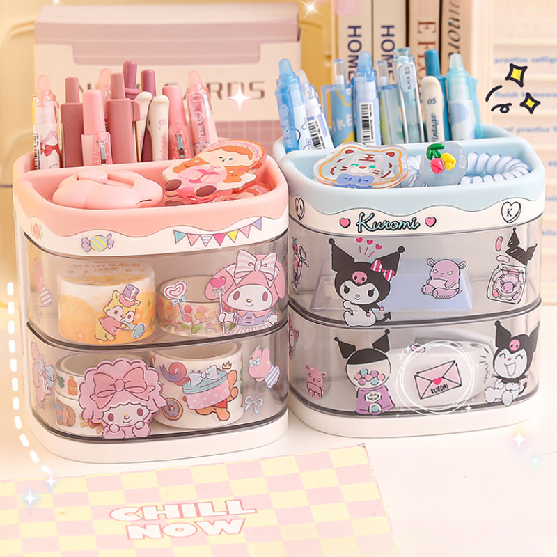 

Miniso Sanrio Pen Holder Stand Storage Box Organizer Kuromi Cinnamoroll Melody Sticker Decor Stationary Cute Sanrio School Gift