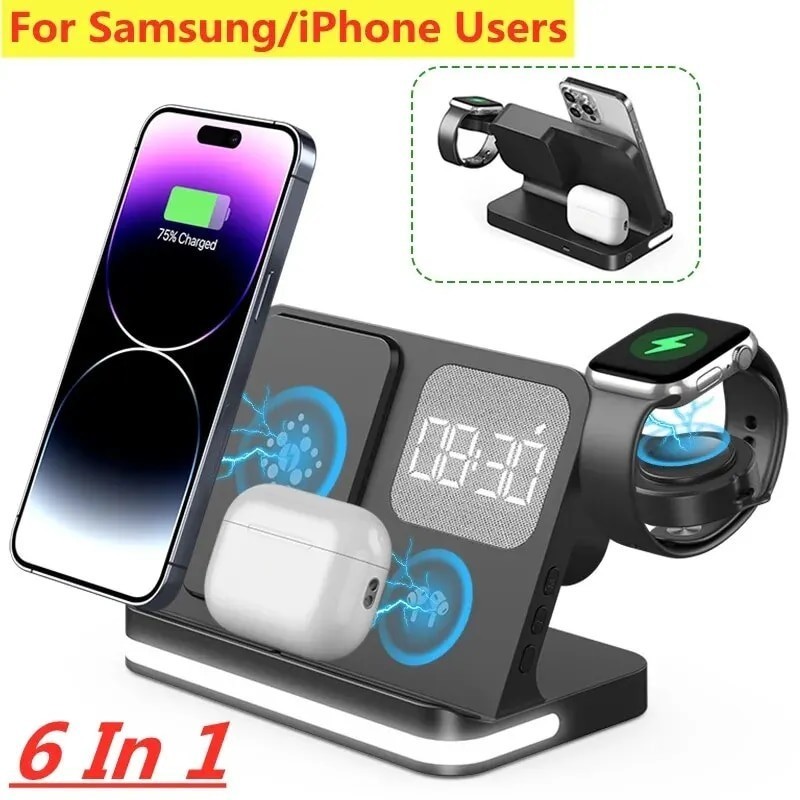 6 In 1 Wireless Charger Stand For iPhone Samsung S23 S22 Ultra Note Fold Galaxy Watch 5 4 Active Bud