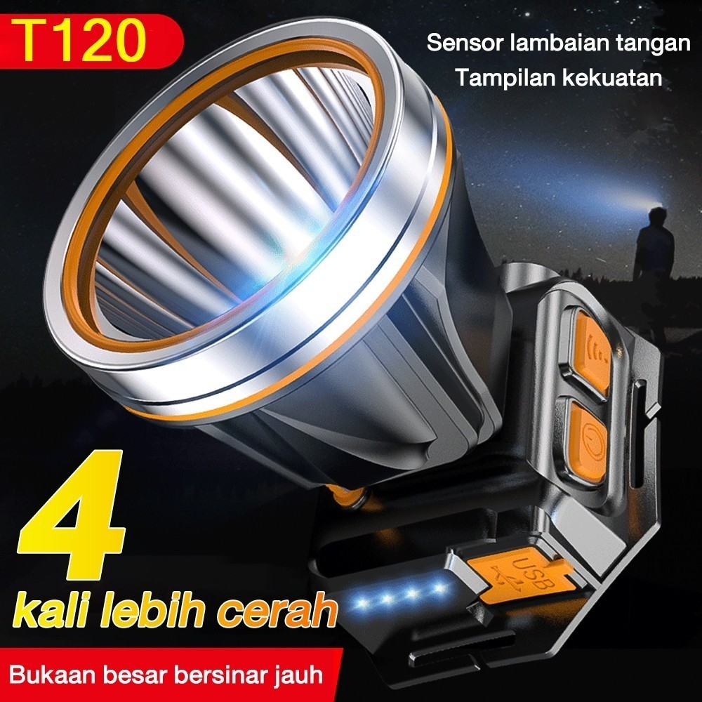 Senter Kepala Led T120 Super Terang Lampu / Lampu Depan Tahan Air Sensor Gerak / LED Senter Super Te