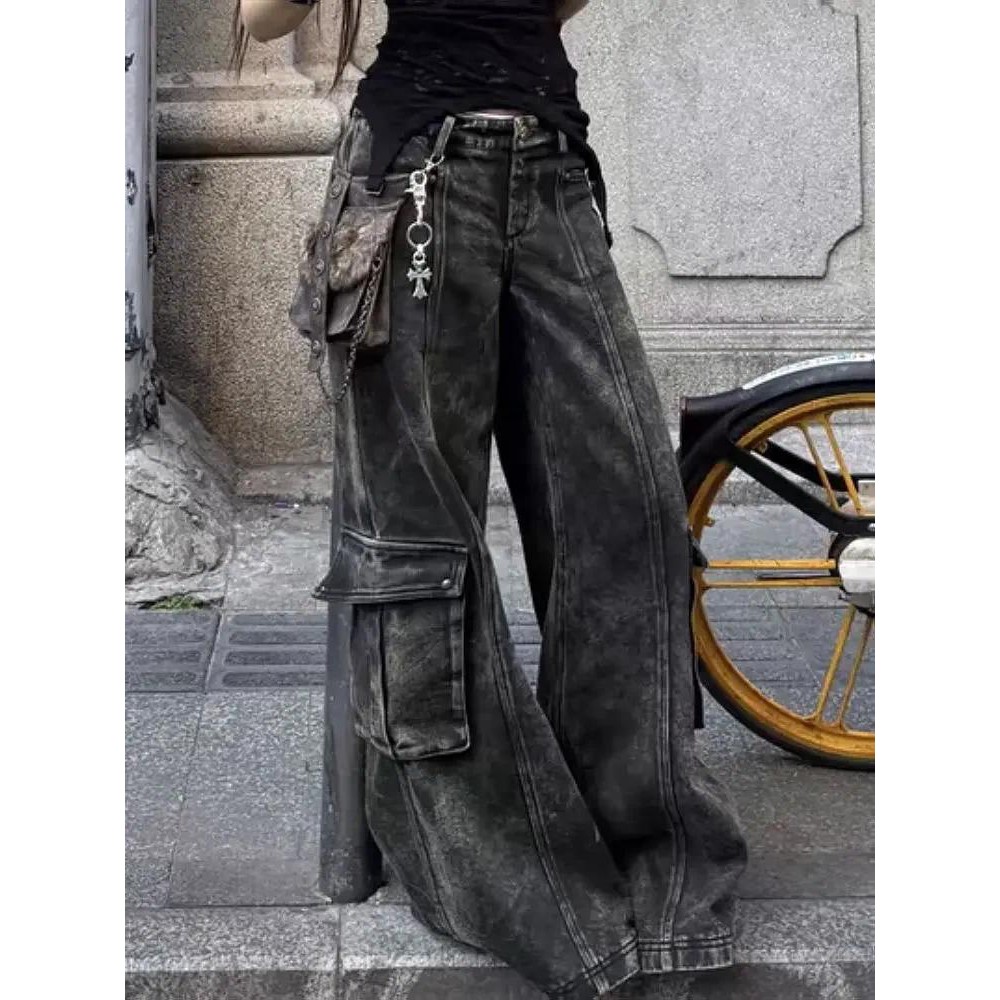 Washed and stressed Large Size MultiPocket Cargo Pants Women's Streetwear Harajuku Retro Loose Jeans