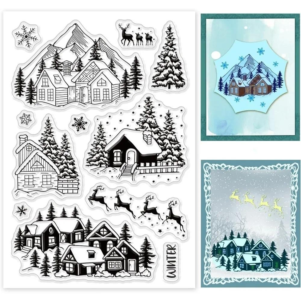 

1pc Winter Theme Clear Stamps Snow House Elk Snowflake Holy Tree Silicone Stamps for Card Making Decoration and DIY