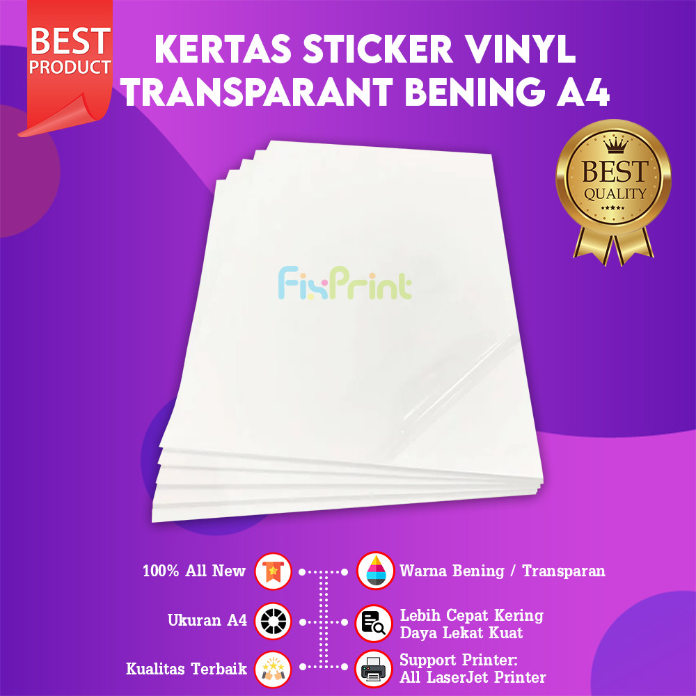 

FixPrint - Kertas Vinyl Sticker Transparant 1 lmbr ukuran A4, Kertas Stiker Bening, Stiker Kertas Transparan New Lembaran