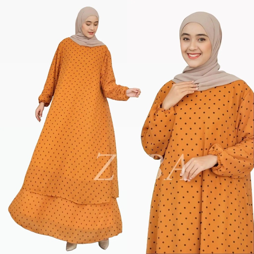 Gamis Ceruty Malay Polkadot LD120 Muat BB 70 - 95 kg Dress Muslimah Ceruti Full Furing Sleting