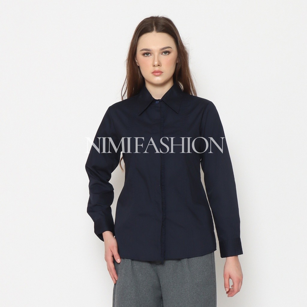 DHOLISHOP.ID Kemeja Basic Rempel Wanita | Baju Kantor Lengan Panjang Cewek | Atasan Kerja Rempel | A
