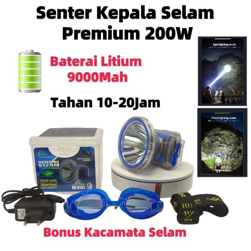 Senter Kepala Selam 200W White Laser Led Super Terang Tahan Lama / Senter Kepala Led Selam / Lampu K