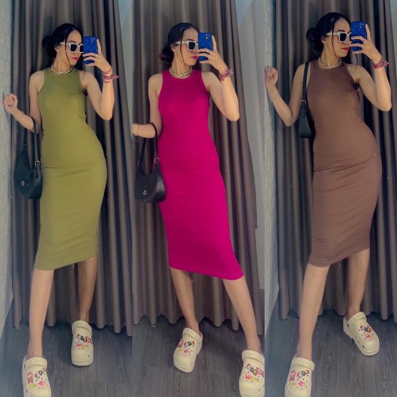 VIA midi dress rib | bodycon rib basic dress polos wanita Midi dress Casual Tebal Panjang Hitam Kaki