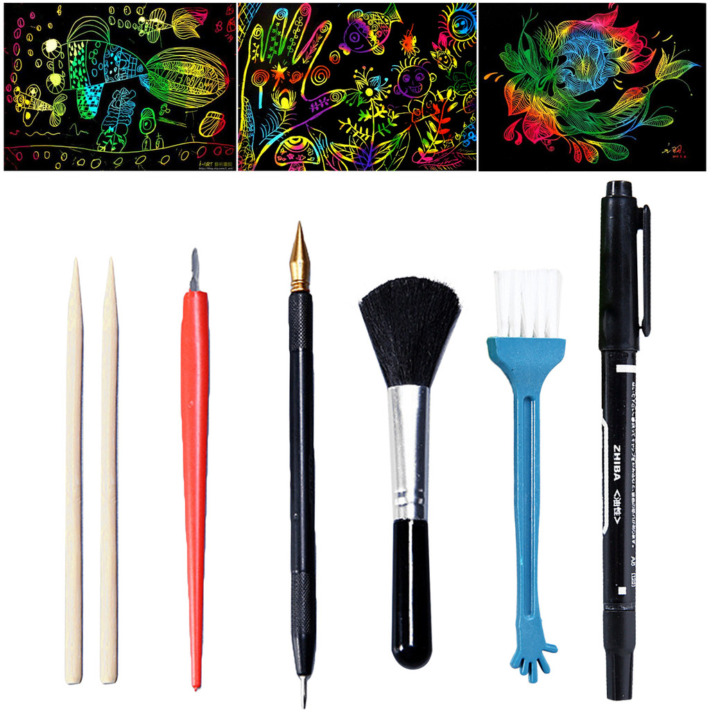 

7PCS Magic Scratch Scraping Painting Tools Bamboo Sticks Scraper Repair Scratch Pen Black Brush DIY Painting Coloring Toy