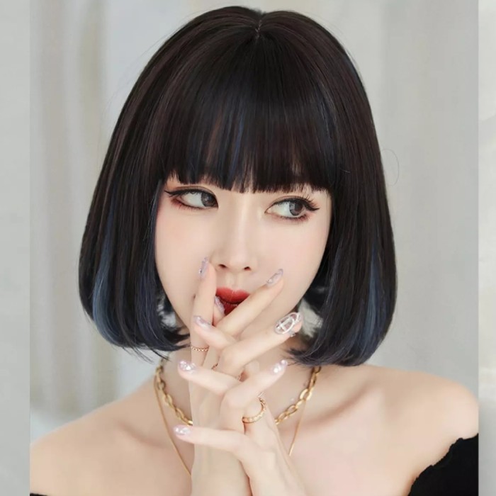 Wig Ombre Highlight Hair Pendek Sebahu Premium Korea Slik Rambut Palsu - Black Blue