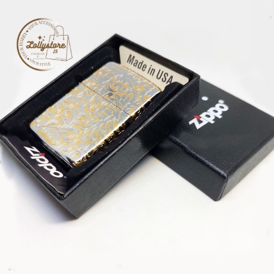 Korek Zippo Batik Silver In Gold Edition Engraved Original